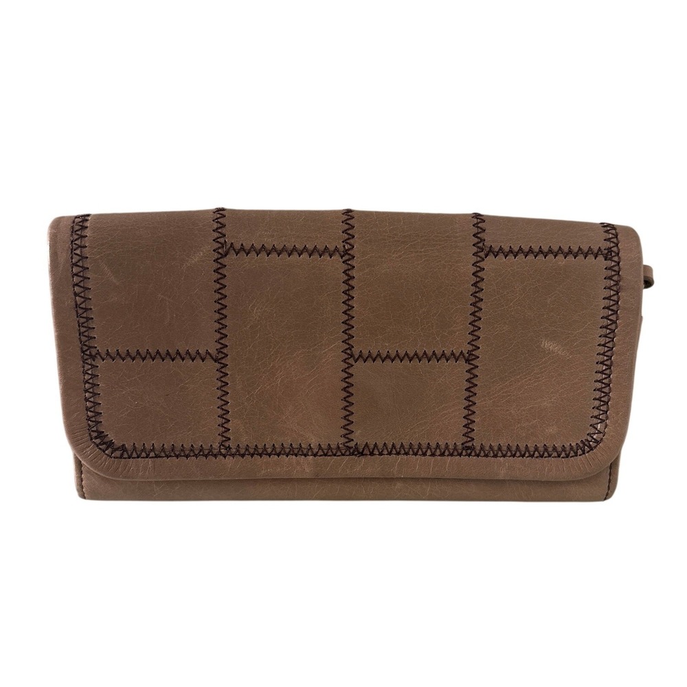 Hobo Lauren Leather Patchwork Clutch Wallet Brown Zigzag Stitch Floral Lining
